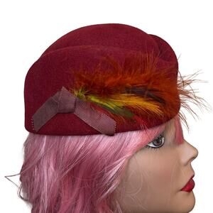 MCM Vintage 1950s/60s George W. Bollman Burgundy Felt Feather Statement Hat